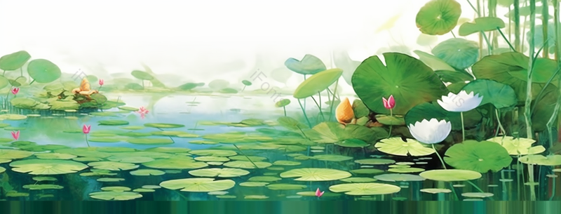 绿色盛开的荷叶荷花在池塘里的插画,插画/手绘图,插画/手绘图库,插画/手绘图下载,插画/手绘